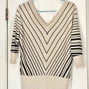 White House Black Market V-Neck Sweater in Cream and Black Stripes